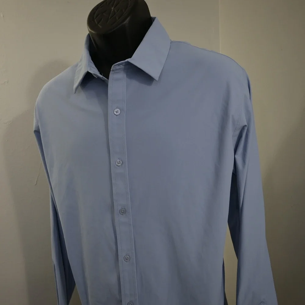 Fabletics Button Up Shirt Mens Large Blue Performance Stretch Long Sleeve